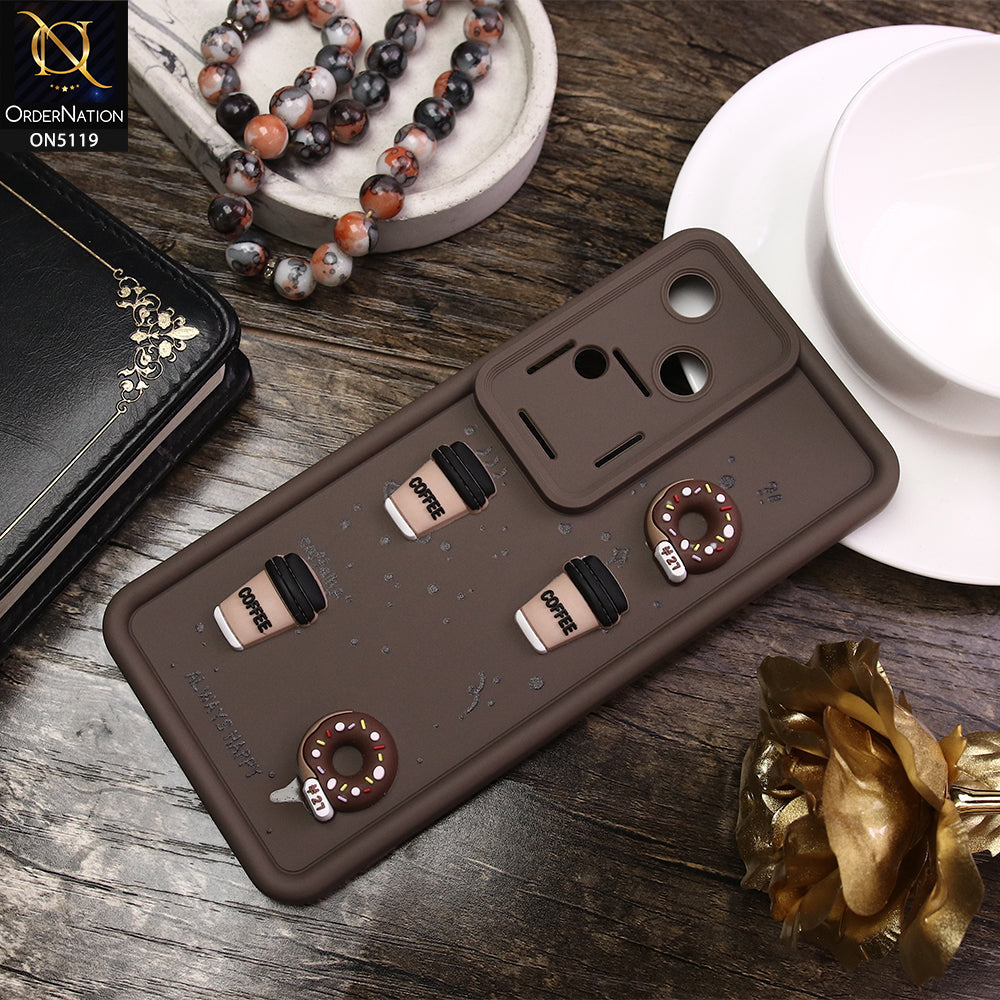 Vivo S18 Cover - Brown - D1 - Cute 3D Donut Coffee Soft Silicon Case with Camera Protection