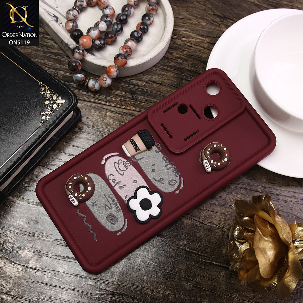 Vivo S18 Cover - Maroon - D2 - Cute 3D Donut Coffee Soft Silicon Case with Camera Protection