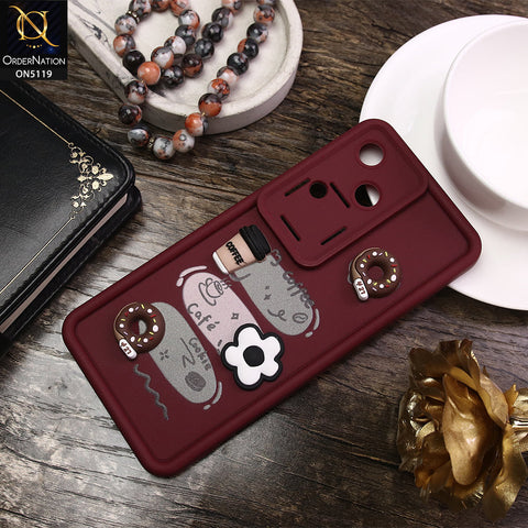 Vivo S18 Cover - Maroon - D2 - Cute 3D Donut Coffee Soft Silicon Case with Camera Protection