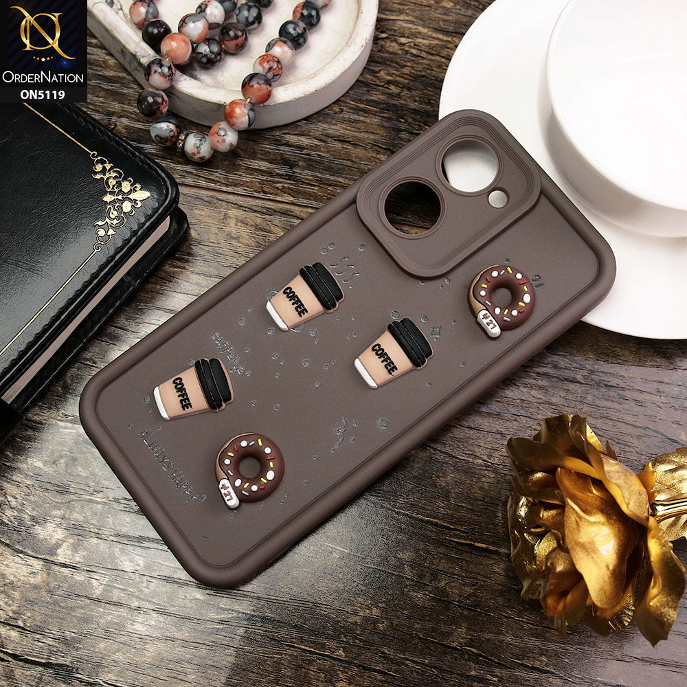 Vivo Y03 Cover - Brown - D1 - Cute 3D Donut Coffee Soft Silicon Case with Camera Protection