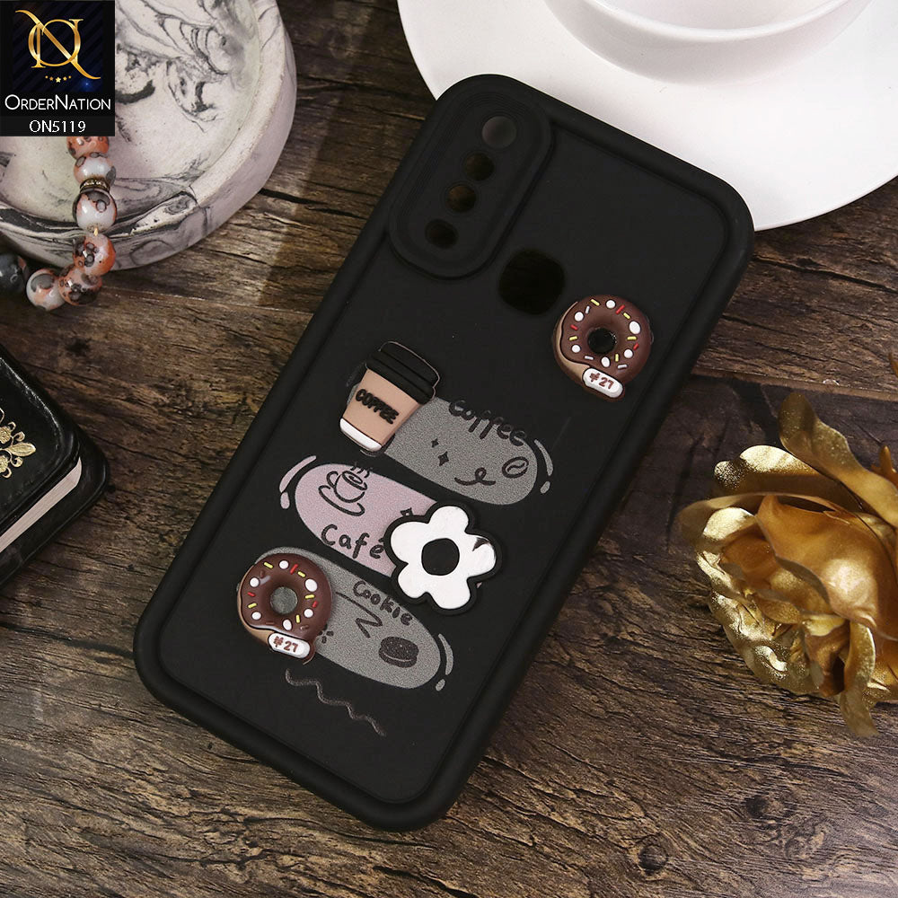 Vivo Y17 Cover - Black - Design 2 - Cute 3D Donut Coffee Soft Silicon Case with Camera Protection