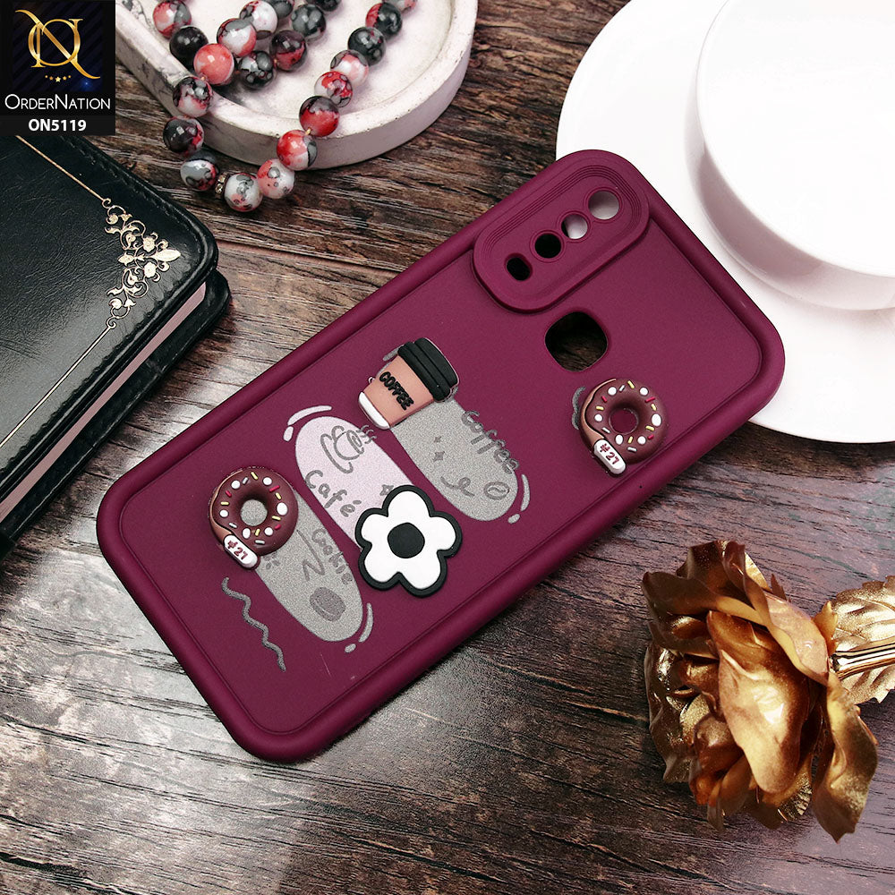 Vivo Y15 Cover - Maroon - Cute 3D Donut Coffee Soft Silicon Case with Camera Protection