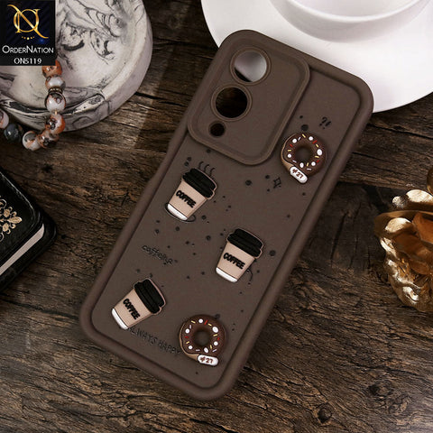 Vivo Y17s Cover - Brown - Design 1 - Cute 3D Donut Coffee Soft Silicon Case with Camera Protection