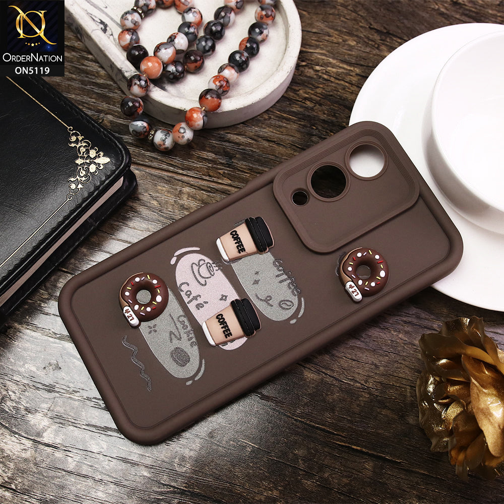 Vivo Y17s Cover - Brown - D2 - Cute 3D Donut Coffee Soft Silicon Case with Camera Protection
