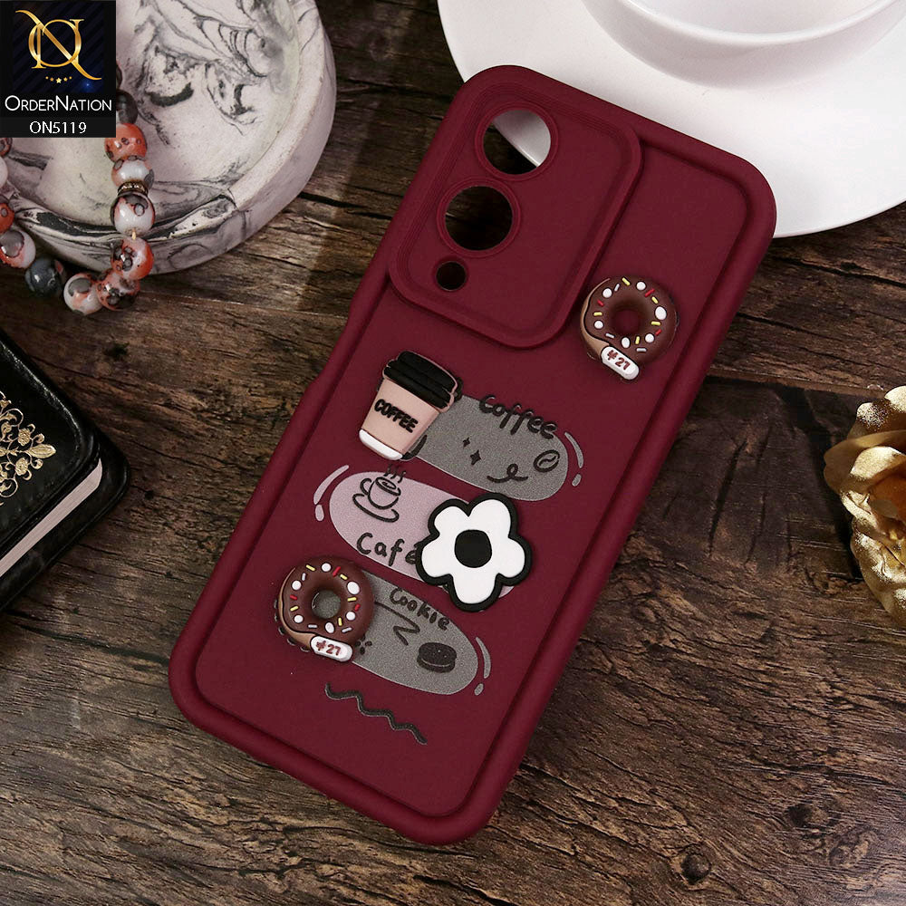 Vivo Y17s Cover - Maroon - Design 2 - Cute 3D Donut Coffee Soft Silicon Case with Camera Protection
