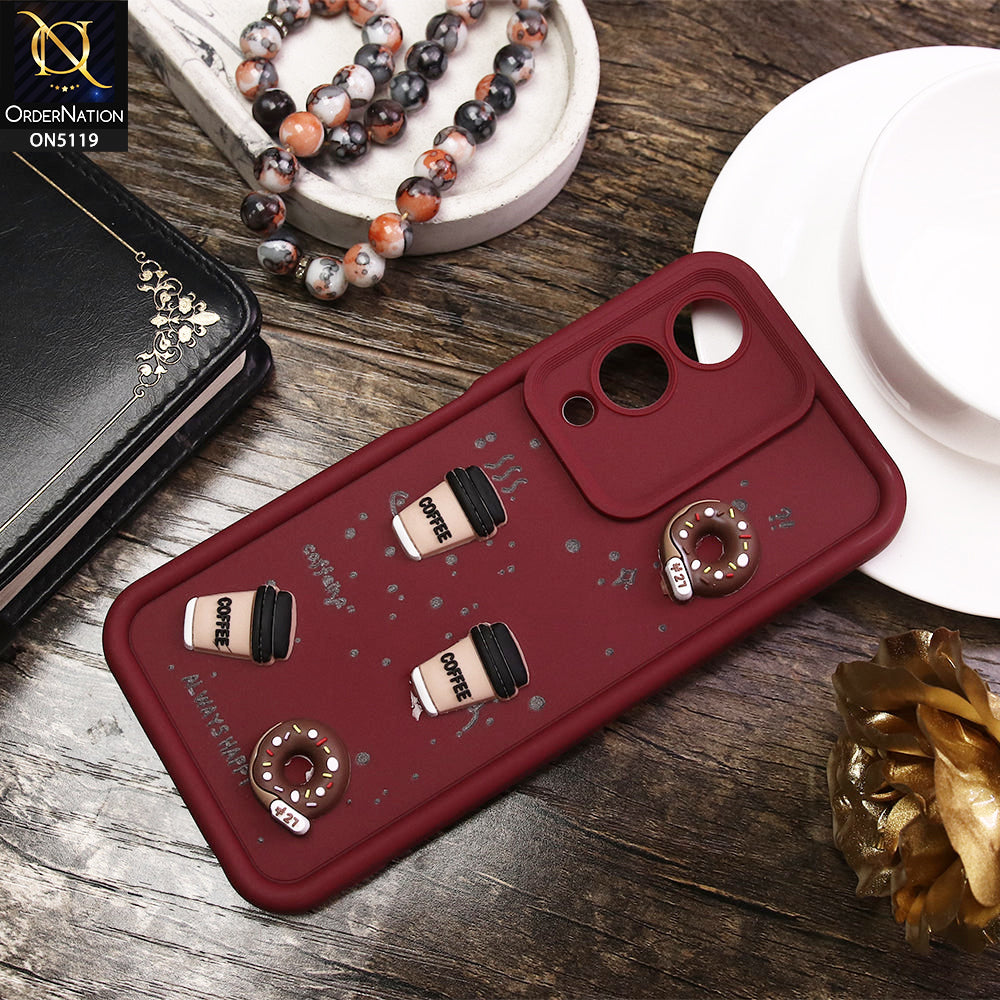 Vivo Y17s Cover - Maroon - D1 - Cute 3D Donut Coffee Soft Silicon Case with Camera Protection