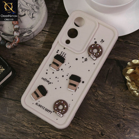 Vivo Y17s Cover - White - Design 1 - Cute 3D Donut Coffee Soft Silicon Case with Camera Protection