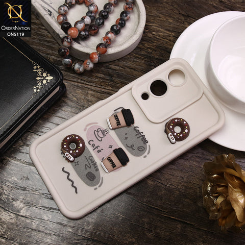 Vivo Y17s Cover - White - D2 - Cute 3D Donut Coffee Soft Silicon Case with Camera Protection