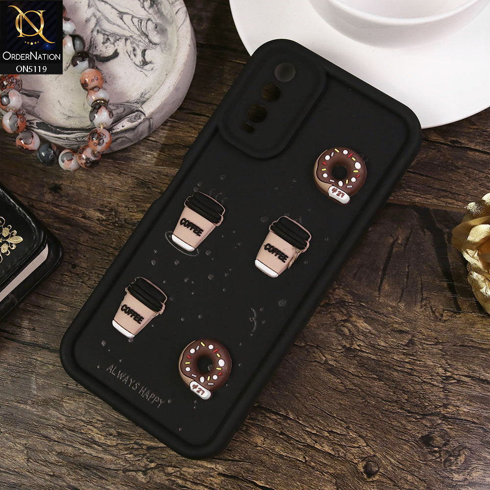Vivo Y12s Cover - Black - Design 1 - Cute 3D Donut Coffee Soft Silicon Case with Camera Protection