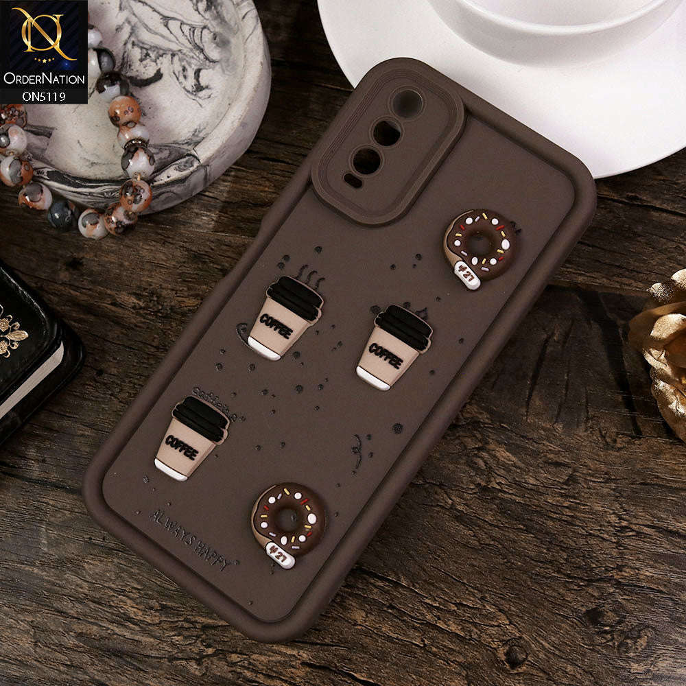 Vivo Y20i Cover - Brown - Design 1 - Cute 3D Donut Coffee Soft Silicon Case with Camera Protection