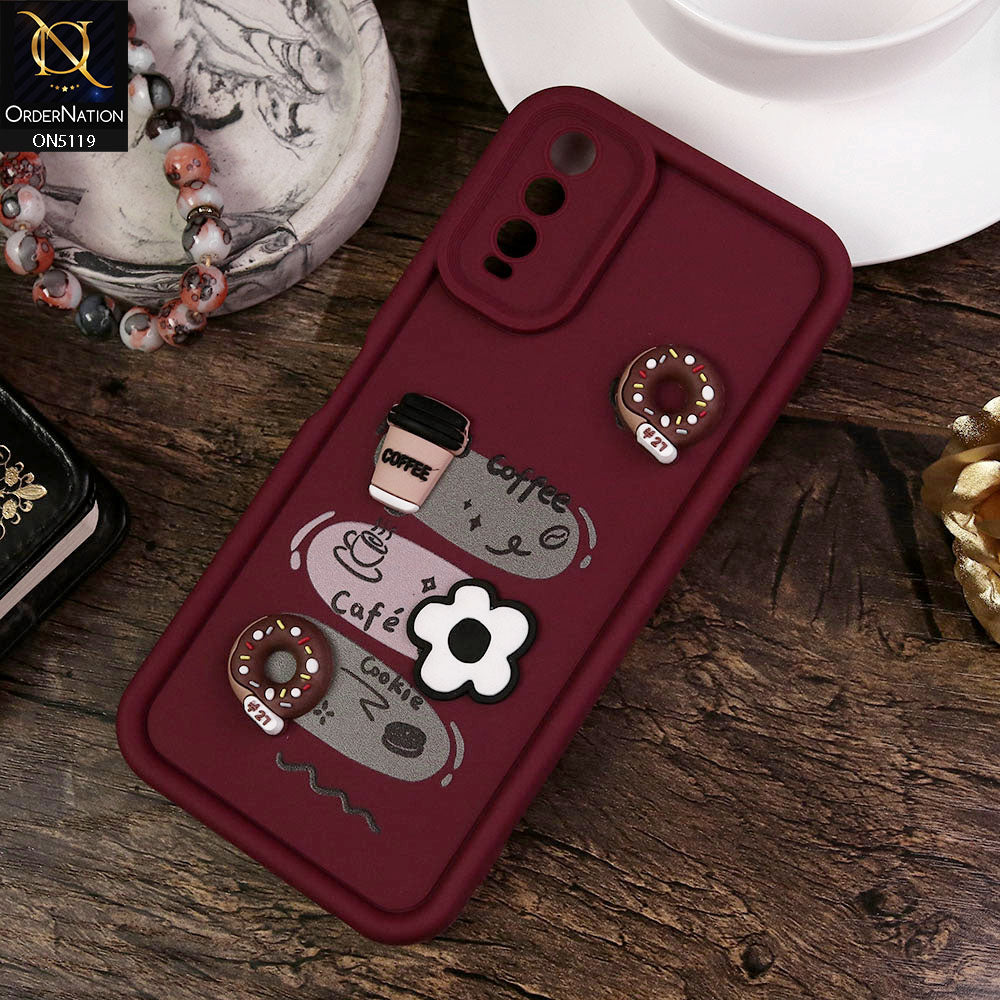 Vivo Y20T Cover - Maroon - Design 2 - Cute 3D Donut Coffee Soft Silicon Case with Camera Protection