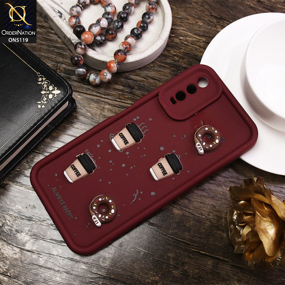 Vivo Y20T Cover - Maroon - D1 - Cute 3D Donut Coffee Soft Silicon Case with Camera Protection