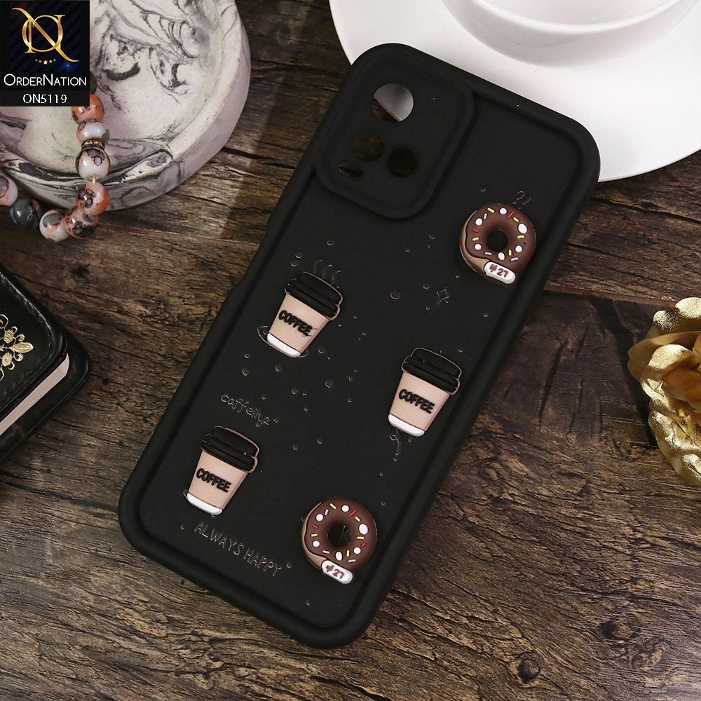 Vivo Y21 Cover - Black - Design 1 - Cute 3D Donut Coffee Soft Silicon Case with Camera Protection