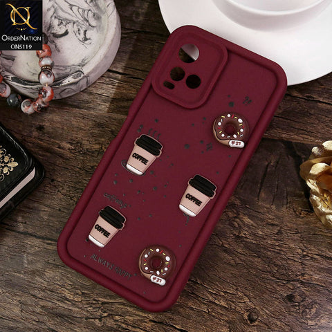 Vivo Y21G Cover - Maroon - Design 1 - Cute 3D Donut Coffee Soft Silicon Case with Camera Protection