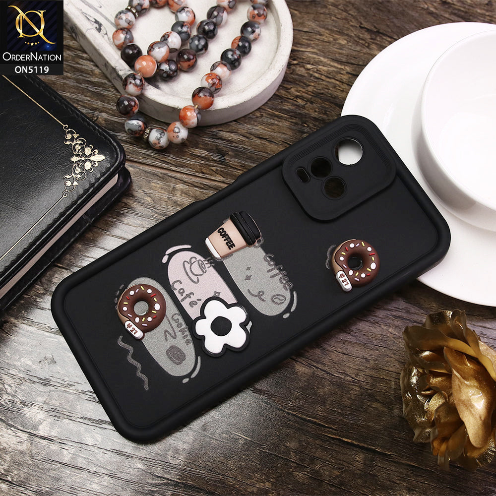 Vivo Y32 Cover - Black - D2 - Cute 3D Donut Coffee Soft Silicon Case with Camera Protection
