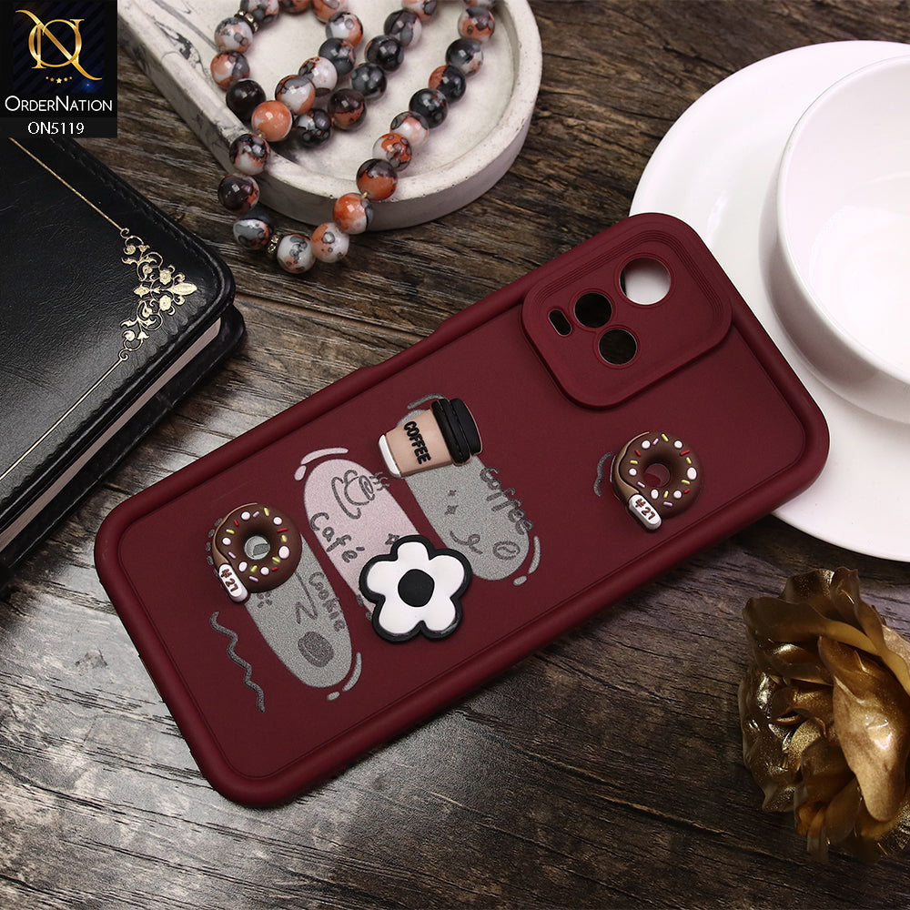 Vivo Y21a Cover - Maroon - D2 - Cute 3D Donut Coffee Soft Silicon Case with Camera Protection