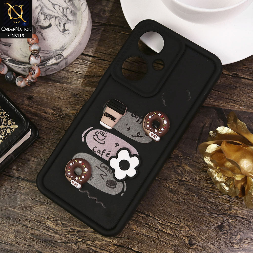 Vivo Y35m Plus Cover - Black - Design 2 - Cute 3D Donut Coffee Soft Silicon Case with Camera Protection