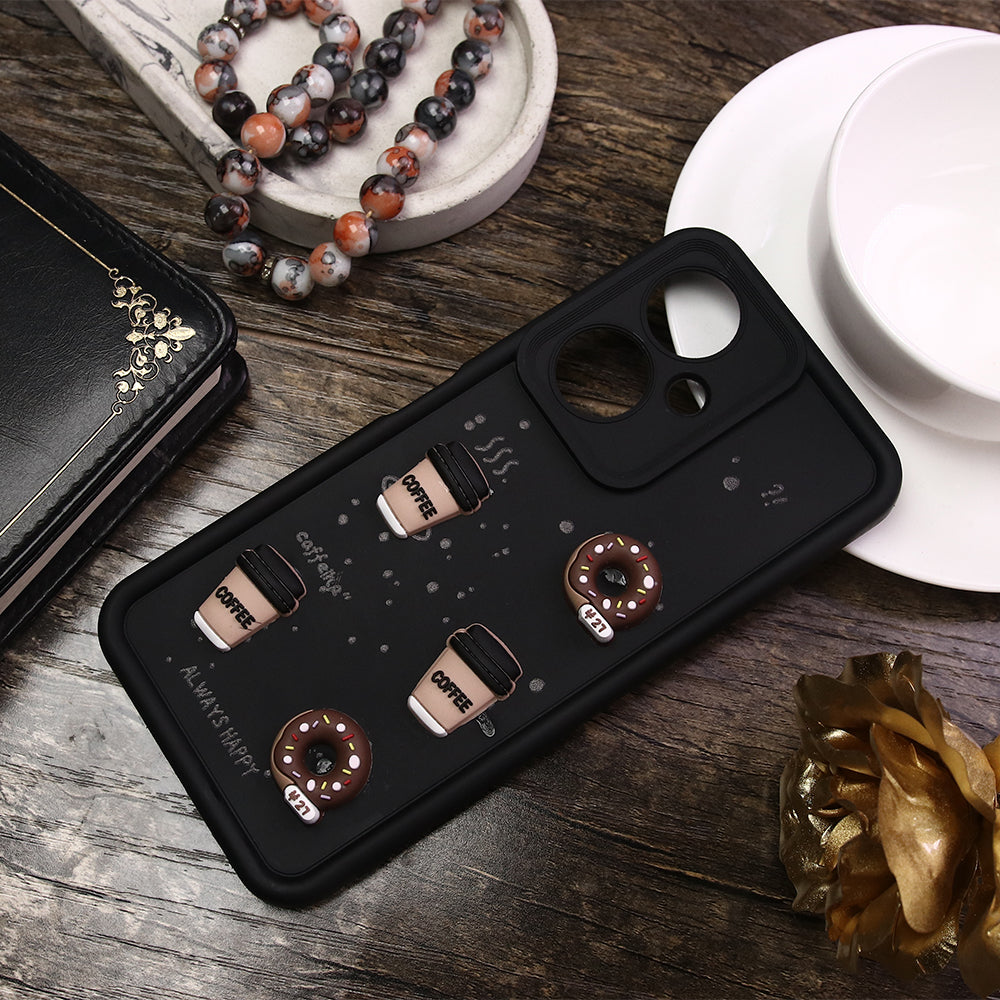 Vivo Y35m Plus Cover - Black - D1 - Cute 3D Donut Coffee Soft Silicon Case with Camera Protection
