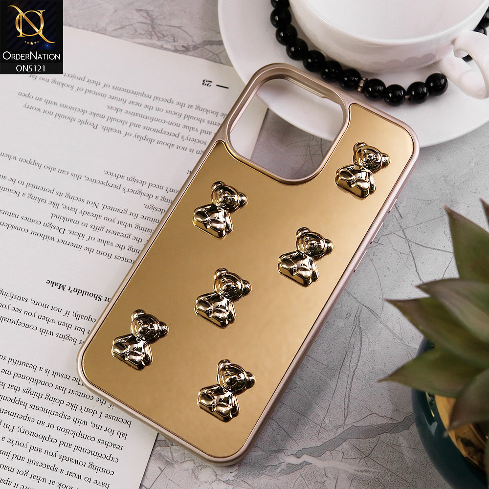 iPhone 14 Pro Max Cover - Golden - 3D Cute Color Electroplating Bear Cartoon Shiny Mirror Soft Border Case