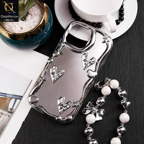 iPhone 12 Pro Max Cover - Silver - 3D Electroplated Crystal Heart Shiny Mirror Case With Wrist Holder