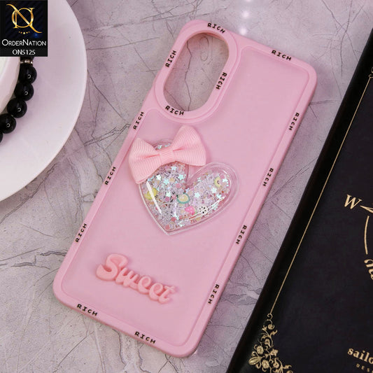 Oppo A78 4G Cover - Pink - New Trendy Rich Boards With 3D Love Heart (Moving Shiny Stars Glitter) & Bow Candy Color Soft Silicon Case
