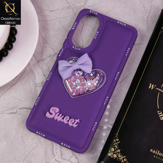 Oppo A78 4G Cover - Purple - New Trendy Rich Boards With 3D Love Heart (Moving Shiny Stars Glitter) & Bow Candy Color Soft Silicon Case