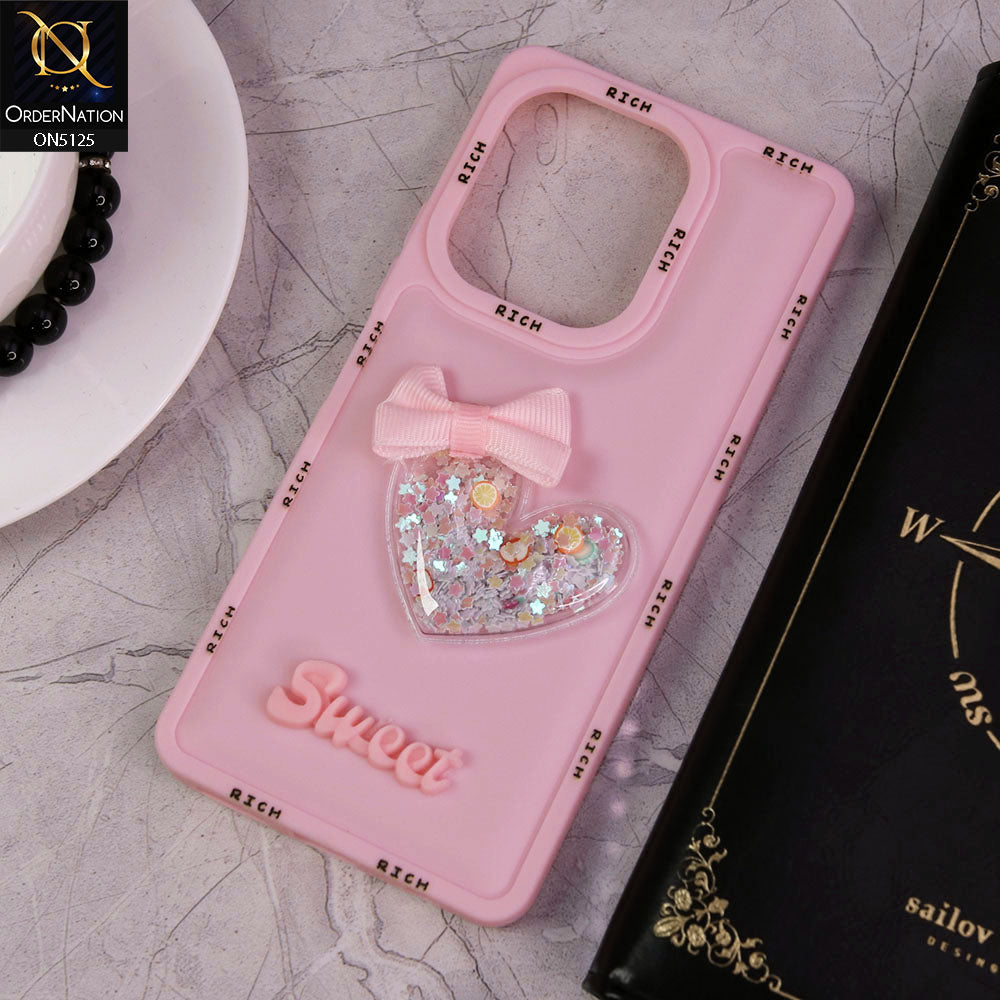 Tecno Camon 20 Cover - Pink - New Trendy Rich Boards With 3D Love Heart (Moving Shiny Stars Glitter) & Bow Candy Color Soft Silicon Case