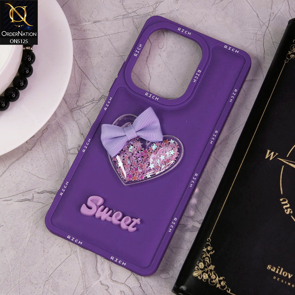 Tecno Camon 20 Pro Cover - Purple - New Trendy Rich Boards With 3D Love Heart (Moving Shiny Stars Glitter) & Bow Candy Color Soft Silicon Case