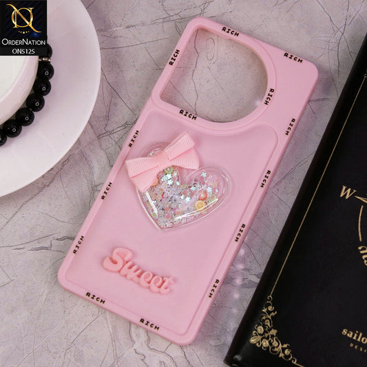 Tecno Camon 30 Cover - Pink - New Trendy Rich Boards With 3D Love Heart (Moving Shiny Stars Glitter) & Bow Candy Color Soft Silicon Case