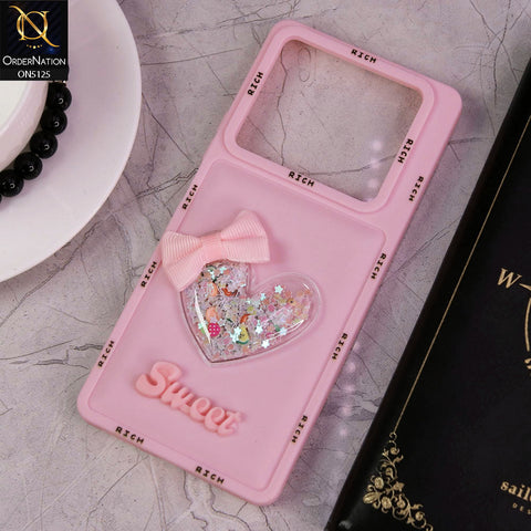 Infinix Note 40 Cover - Pink - New Trendy Rich Boards With 3D Love Heart (Moving Shiny Stars Glitter) & Bow Candy Color Soft Silicon Case