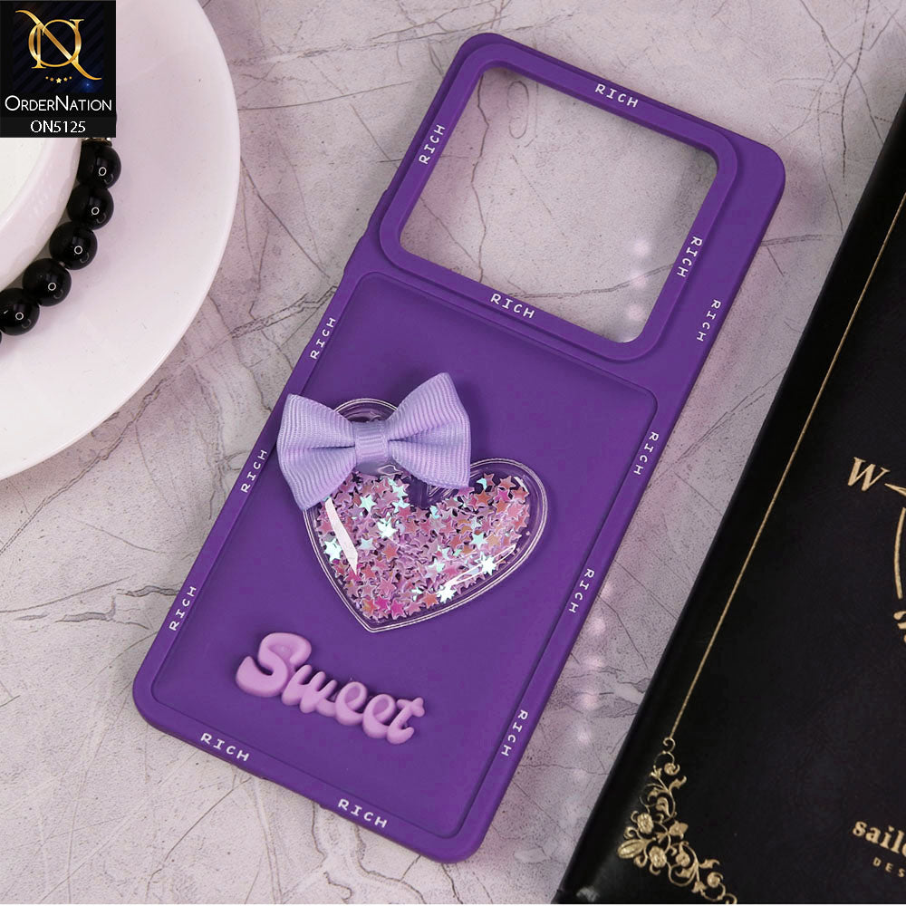 Infinix Note 40 Pro Cover - Purple - New Trendy Rich Boards With 3D Love Heart (Moving Shiny Stars Glitter) & Bow Candy Color Soft Silicon Case