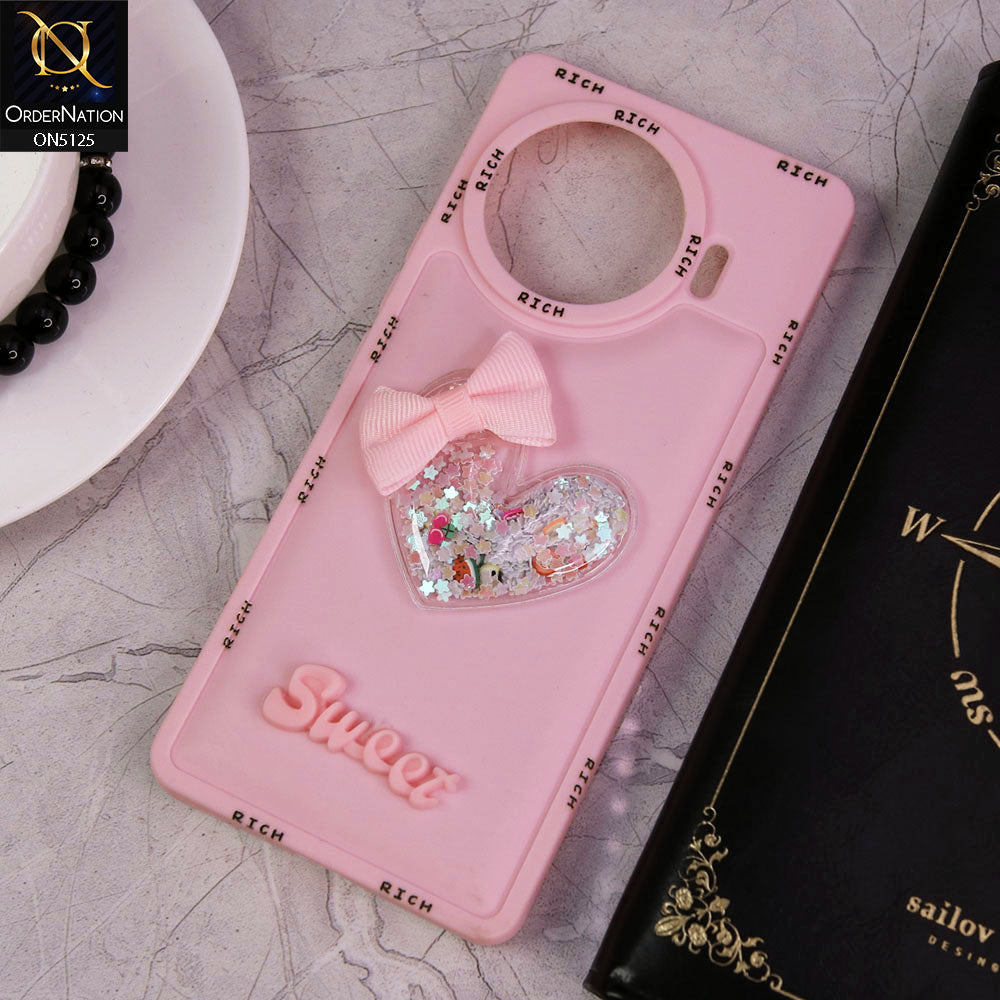 Tecno Spark 20 Pro Plus Cover - Pink - New Trendy Rich Boards With 3D Love Heart (Moving Shiny Stars Glitter) & Bow Candy Color Soft Silicon Case
