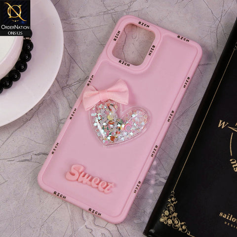 Vivo Y15s Cover - Pink - New Trendy Rich Boards With 3D Love Heart (Moving Shiny Stars Glitter) & Bow Candy Color Soft Silicon Case