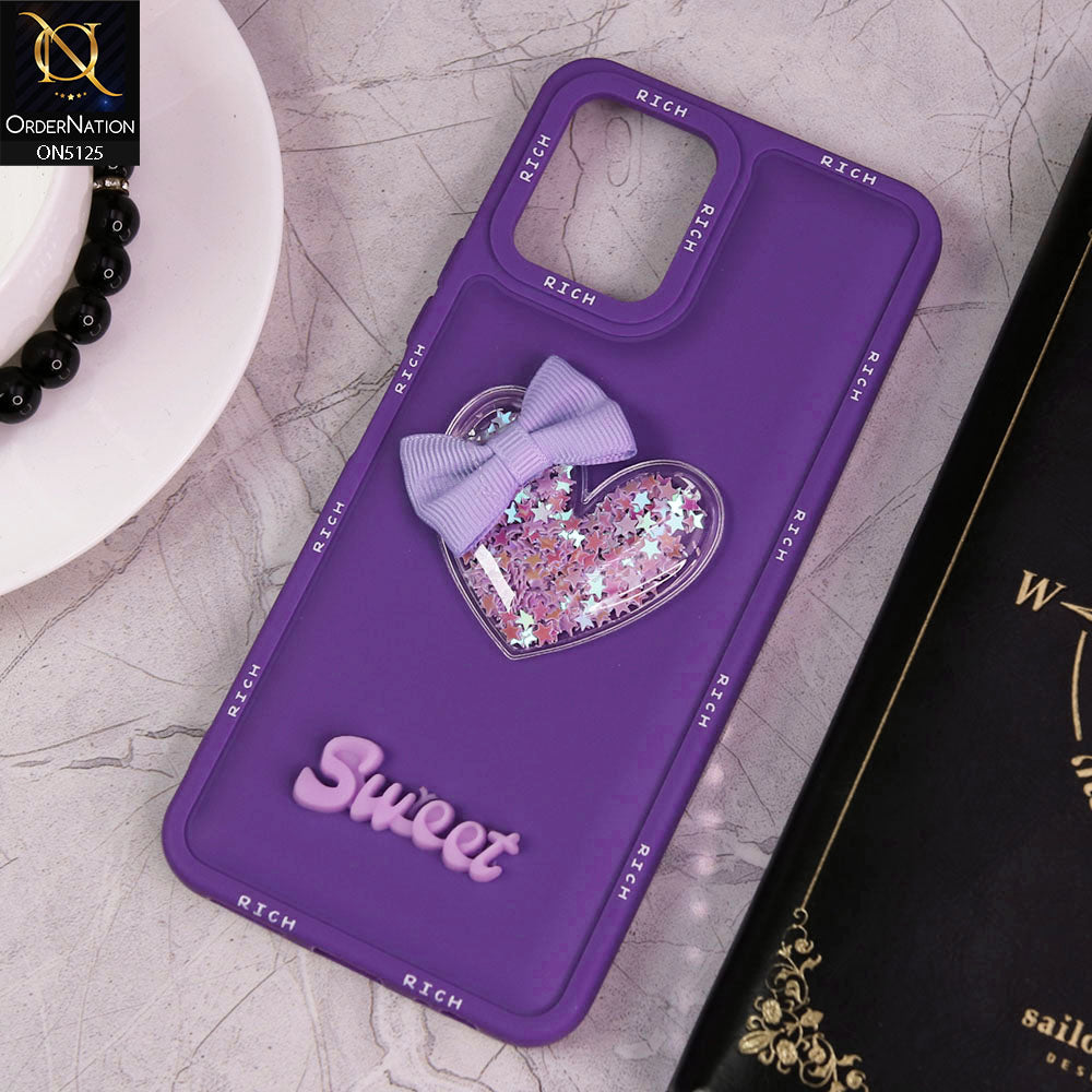 Vivo Y32t Cover - Purple - New Trendy Rich Boards With 3D Love Heart (Moving Shiny Stars Glitter) & Bow Candy Color Soft Silicon Case