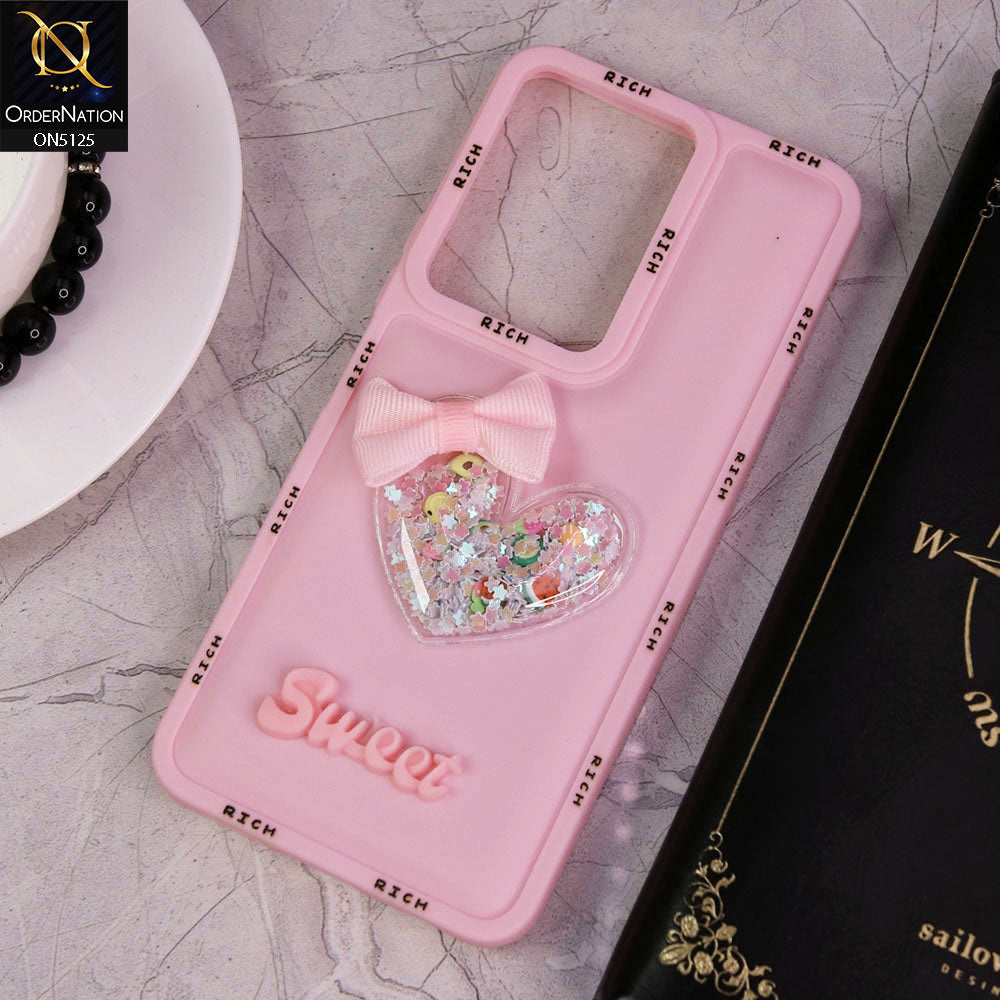 Vivo Y17s Cover - Pink - New Trendy Rich Boards With 3D Love Heart (Moving Shiny Stars Glitter) & Bow Candy Color Soft Silicon Case