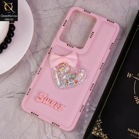 Vivo Y17s Cover - Pink - New Trendy Rich Boards With 3D Love Heart (Moving Shiny Stars Glitter) & Bow Candy Color Soft Silicon Case