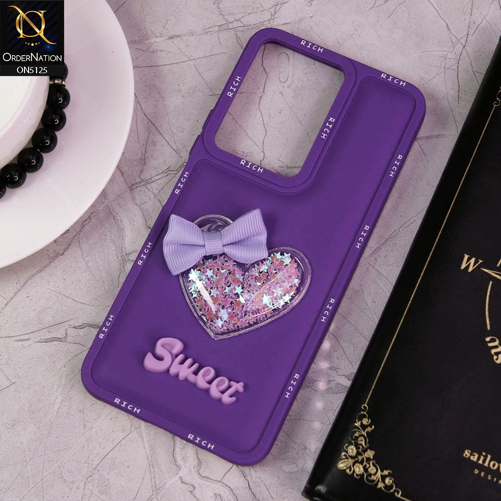Vivo Y17s Cover - Purple - New Trendy Rich Boards With 3D Love Heart (Moving Shiny Stars Glitter) & Bow Candy Color Soft Silicon Case