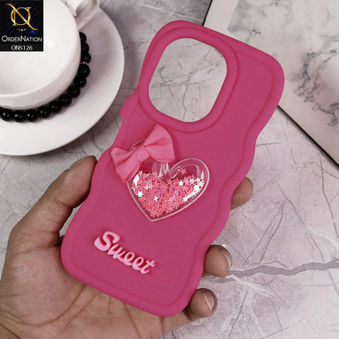 Tecno Camon 20 Cover - Dark Pink - New Trendy 3D Love Heart (Moving Shiny Stars Glitter) & Bow Sweet Candy Color Soft Silicon Case