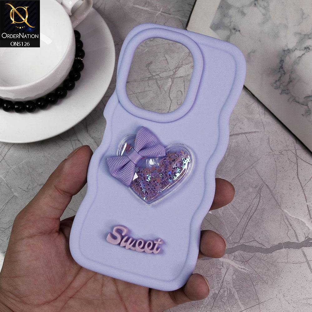 Tecno Camon 20 Cover - Lilac - New Trendy 3D Love Heart (Moving Shiny Stars Glitter) & Bow Sweet Candy Color Soft Silicon Case