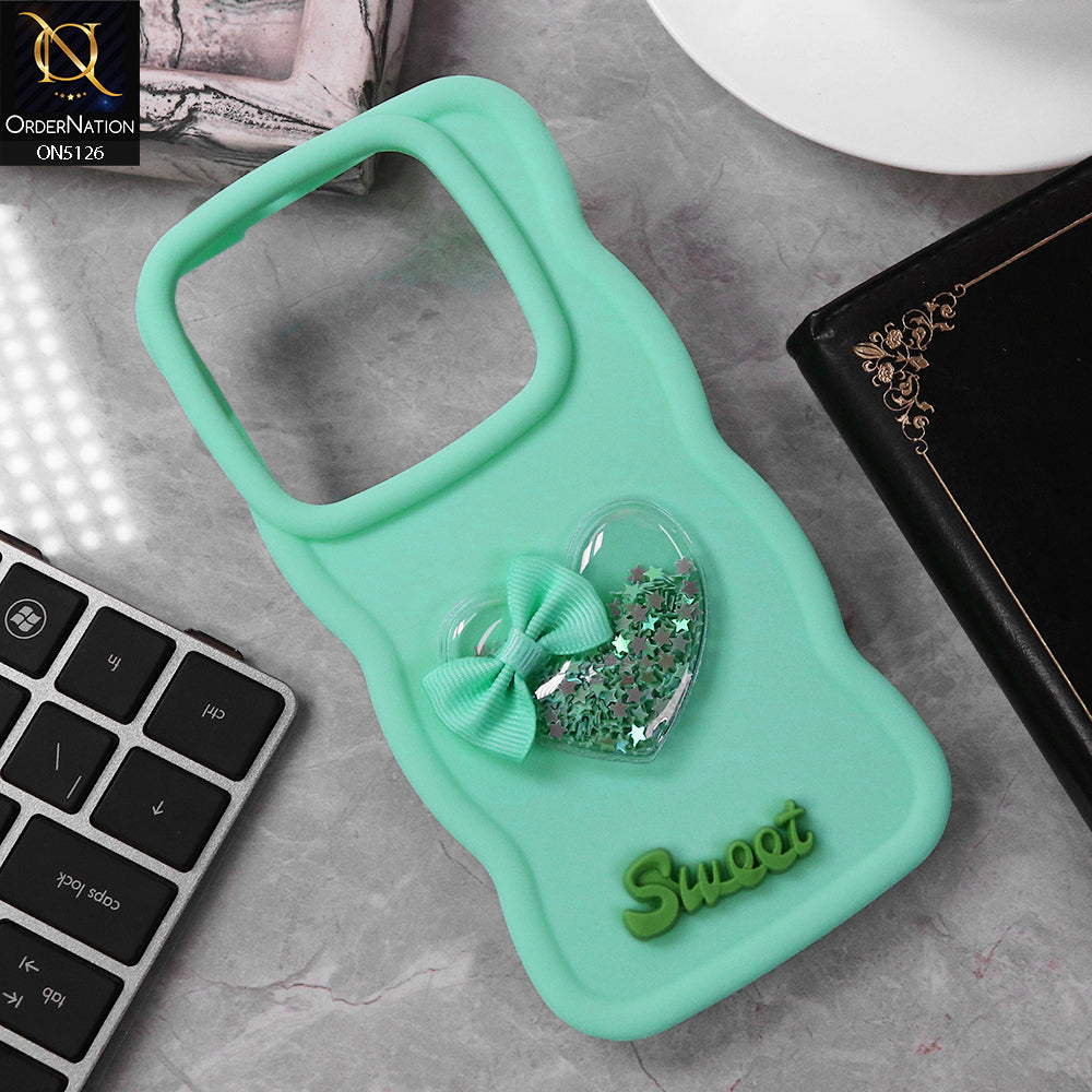 Tecno Camon 30 Cover - Light Green - New Trendy 3D Love Heart (Moving Shiny Stars Glitter) & Bow Sweet Candy Color Soft Silicon Case