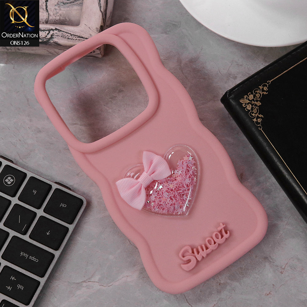 Tecno Camon 30 Cover - Pink - New Trendy 3D Love Heart (Moving Shiny Stars Glitter) & Bow Sweet Candy Color Soft Silicon Case