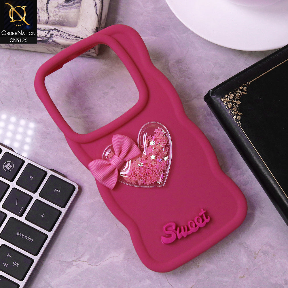 Tecno Camon 30 Cover - Rose Red - New Trendy 3D Love Heart (Moving Shiny Stars Glitter) & Bow Sweet Candy Color Soft Silicon Case