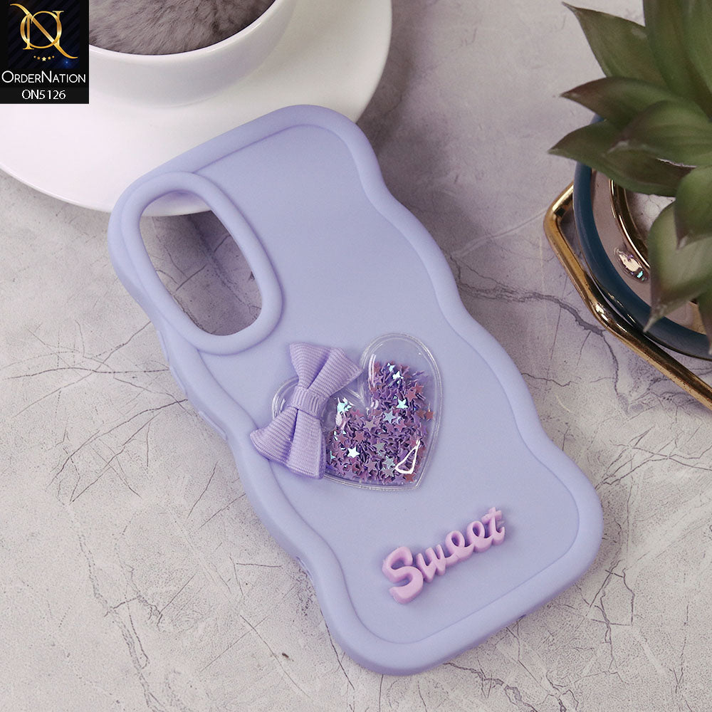 Samsung Galaxy A54 Cover - Lilac - New Trendy 3D Love Heart (Moving Shiny Stars Glitter) & Bow Sweet Candy Color Soft Silicon Case