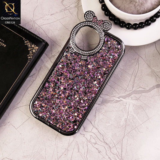 iPhone 15 Cover - Purple - New Bling Bling Shiny Rime Stones Camera Ring Soft Silicon Case With Bouncy Borders & Glitter Back