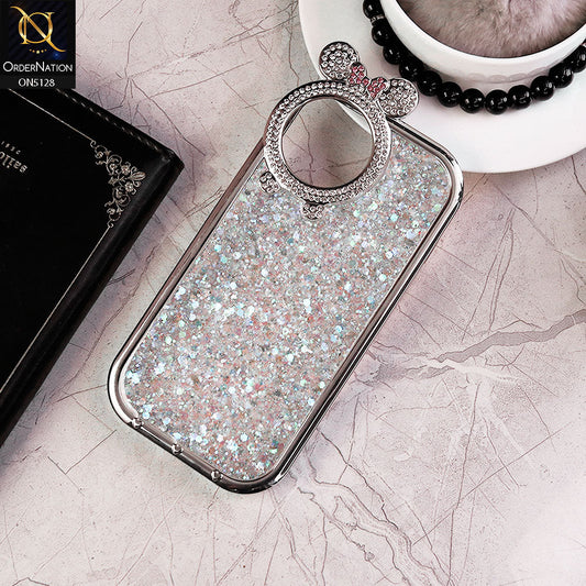 iPhone 15 Cover - White - New Bling Bling Shiny Rime Stones Camera Ring Soft Silicon Case With Bouncy Borders & Glitter Back