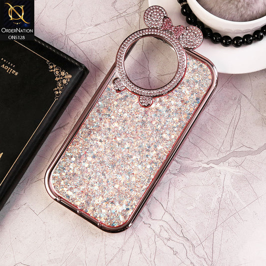 iPhone 15 Pro Cover - Pink - New Bling Bling Shiny Rime Stones Camera Ring Soft Silicon Case With Bouncy Borders & Glitter Back