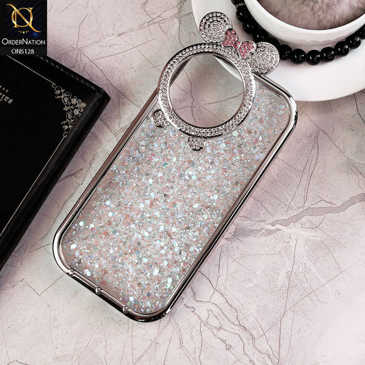 iPhone 15 Pro Cover - White - New Bling Bling Shiny Rime Stones Camera Ring Soft Silicon Case With Bouncy Borders & Glitter Back