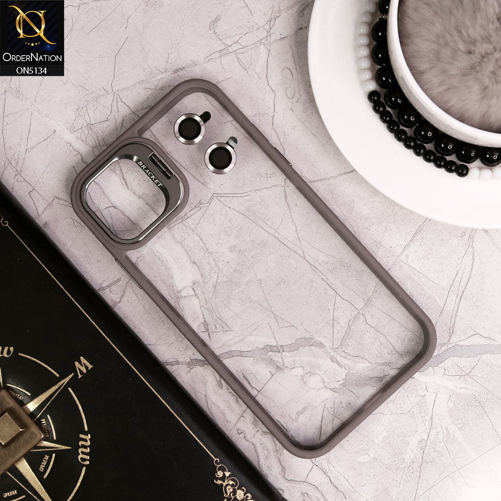 iPhone 15 Cover - Gray - Metal Camera Bracket Stand Soft Colour Borders with Camera Lens Protectors