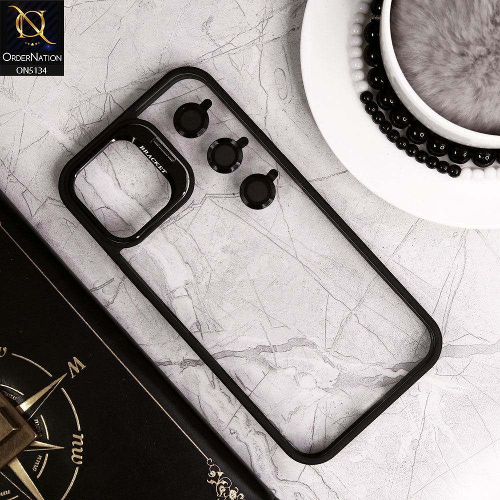 iPhone 12 Pro Max Cover - Black - Metal Camera Bracket Stand Soft Colour Borders with Camera Lens Protectors