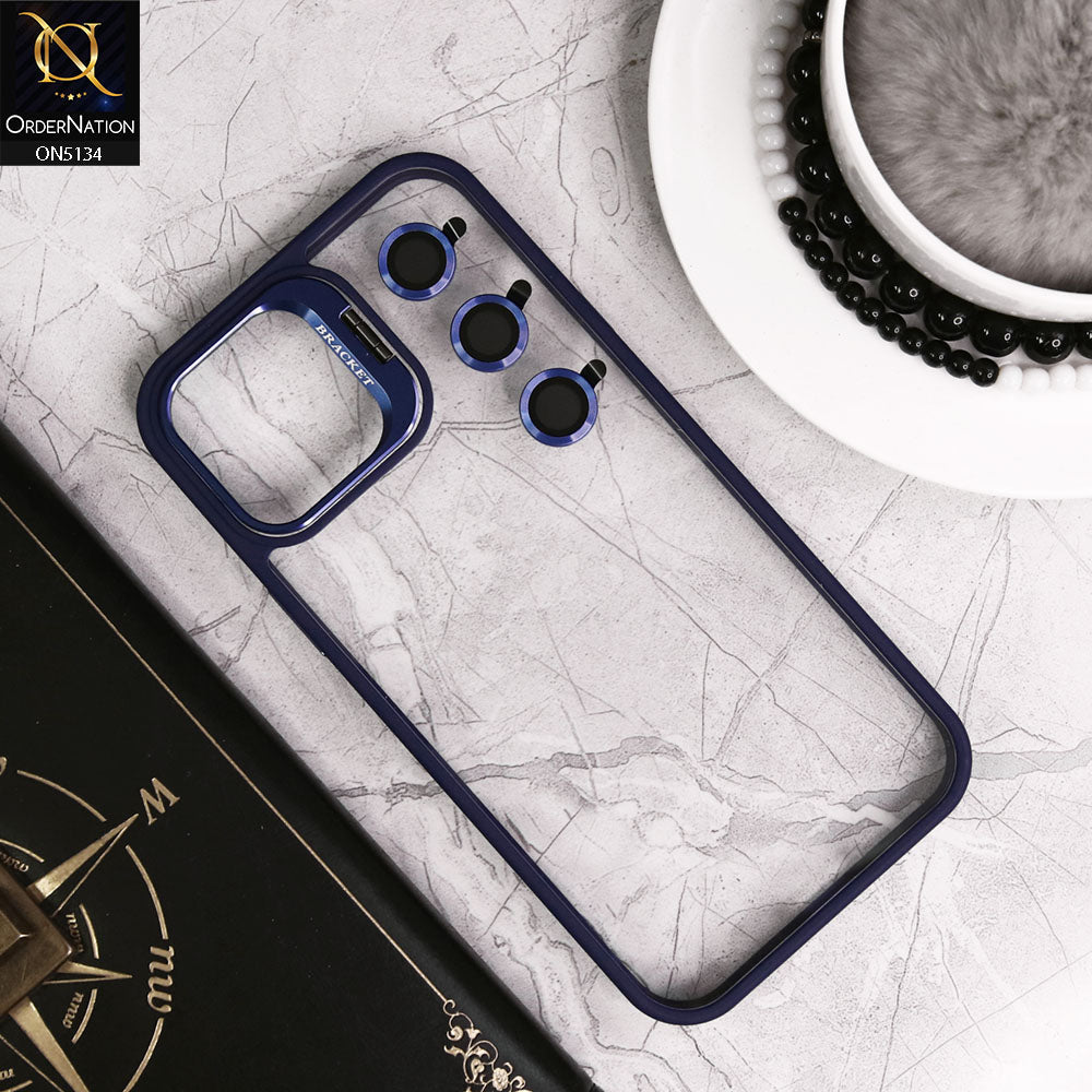 iPhone 12 Pro Max Cover - Blue - Metal Camera Bracket Stand Soft Colour Borders with Camera Lens Protectors
